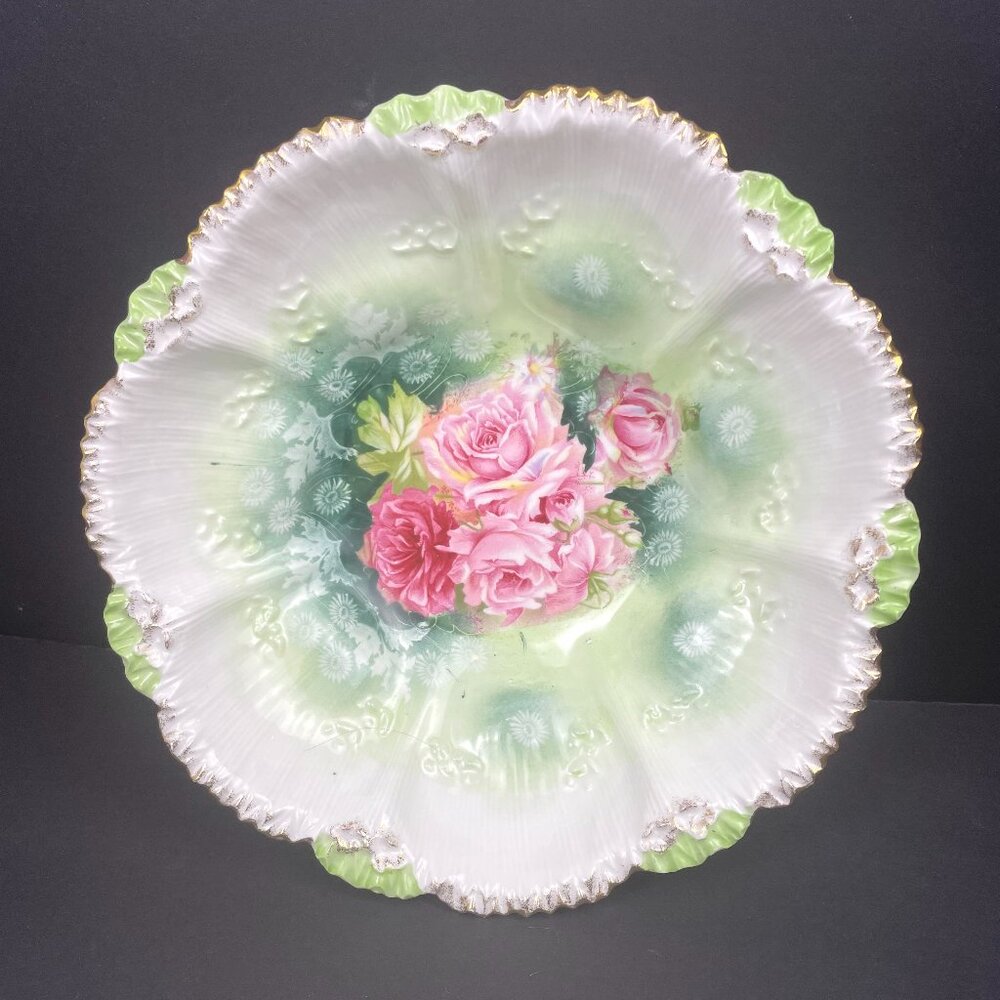 ANTIQUE RS PRUSSIA 1900 Serving Bowl Ribbed Mold With Roses on Green 9in*2.5 in